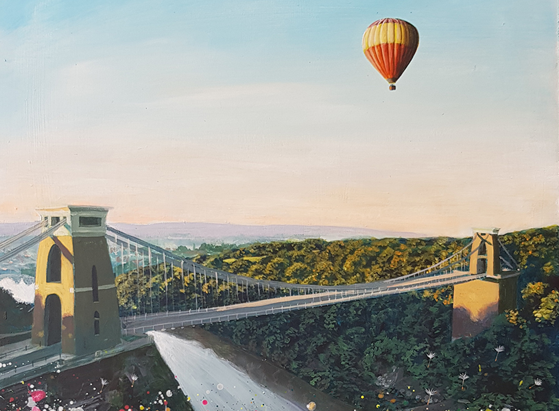 Painting of Clifton Suspension Bridge and hot air balloon by Jenny Urquhart of North Bristol Arts trail