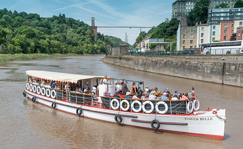 Bristol Packet's Tower Belle boat in front of Clifton Suspension Bridge