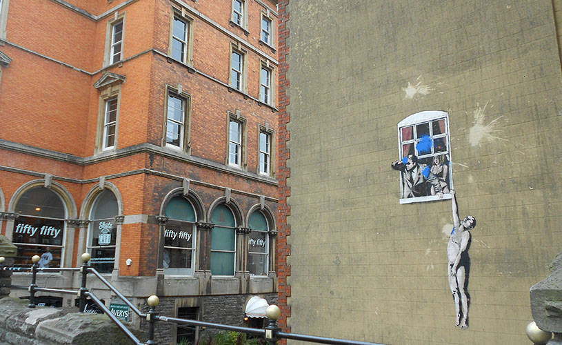 View of Banksy's Well-Hung Lover from Park Street 