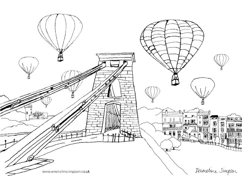 Balloons over Clifton Suspension Bridge colouring sheet by Emmeline Simpson