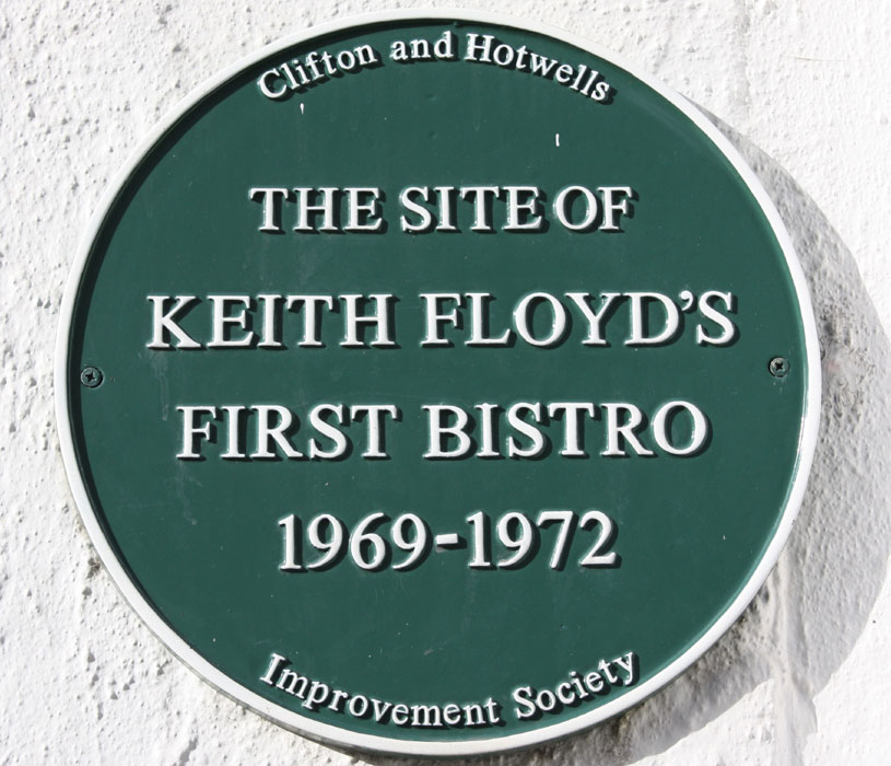 Green plaque in Bristol commemorating celebrity chef Keith Floyd 